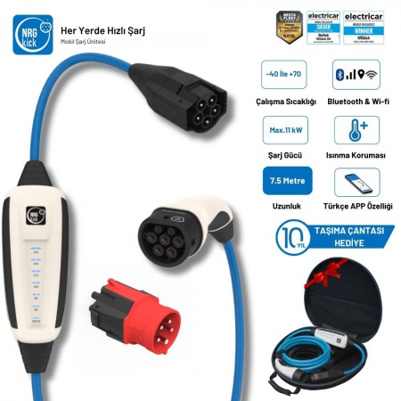 NRGkick Çantalı Basic Plus Set 16A 11kW 7.5Metre Monofaze & Trifaze Uyumlu Wifi + Bluetooth AC Mobil Elektrikli Araç Şarj İstasyonu (Wallbox)