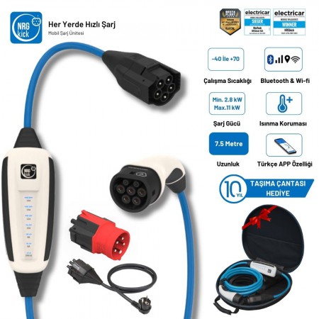 NRGkick Çantalı Standart Plus 16A 2.8kW 7.5 Metre Monofaze & Trifaze Ev Prizli Wifi+Bluetooth AC Mobil Elektrikli Araç Şarj İstasyonu Wallbox