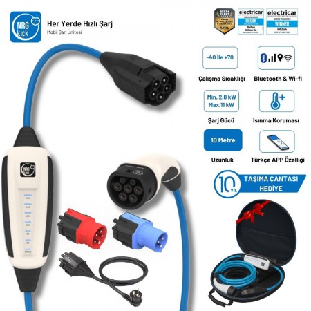 NRGkick Çantalı Premium Set 16A 11kW Set Ev Prizi, Monofaze & Trifaze 10 Metre Wifi+Bluetooth AC Mobil Elektrikli Araç Şarj İstasyonu Wallbox