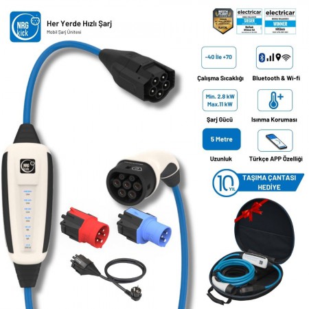 NRGkick Çantalı Premium Set  16A 11kW Ev Prizi, Monofaze & Trifaze 5 Metre Wifi+Bluetooth AC Mobil Elektrikli Araç Şarj İstasyonu Wallbox