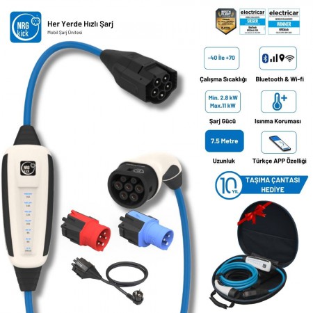 NRGkick Çantalı Premium Set 16A 11kW Ev Prizi, Monofaze & Trifaze  7.5 Metre Wifi+Bluetooth AC Mobil Elektrikli Araç Şarj İstasyonu Wallbox