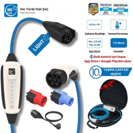 NRGkick Light Çantalı Premium Set 16A 11kW Ev Prizi, Monofaze & Trifaze 7.5 Metre AC Mobil Elektrikli Araç Şarj İstasyonu Wallbox